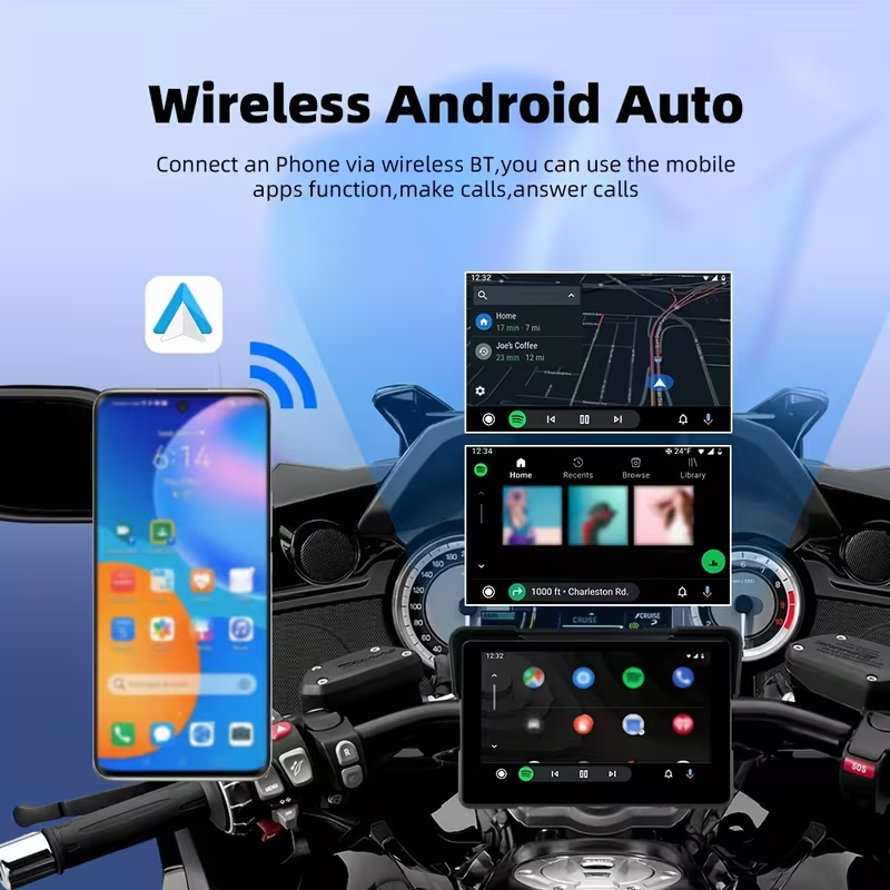 7-inch IPS motorcycle navigation screen – wireless auto-connect feature, easy to install and remove, compatible with CarPlay and Android Auto, smartphone integration, dashboard mount, capacitive touchscreen, vibrant colors, durable dashboard installation