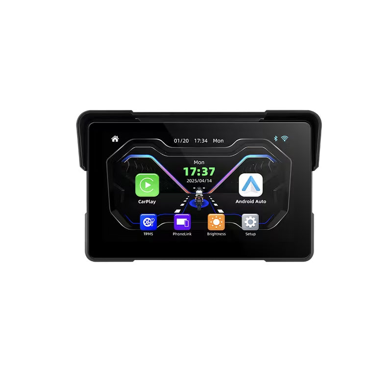 7-inch IPS motorcycle navigation screen – wireless auto-connect feature, easy to install and remove, compatible with CarPlay and Android Auto, smartphone integration, dashboard mount, capacitive touchscreen, vibrant colors, durable dashboard installation