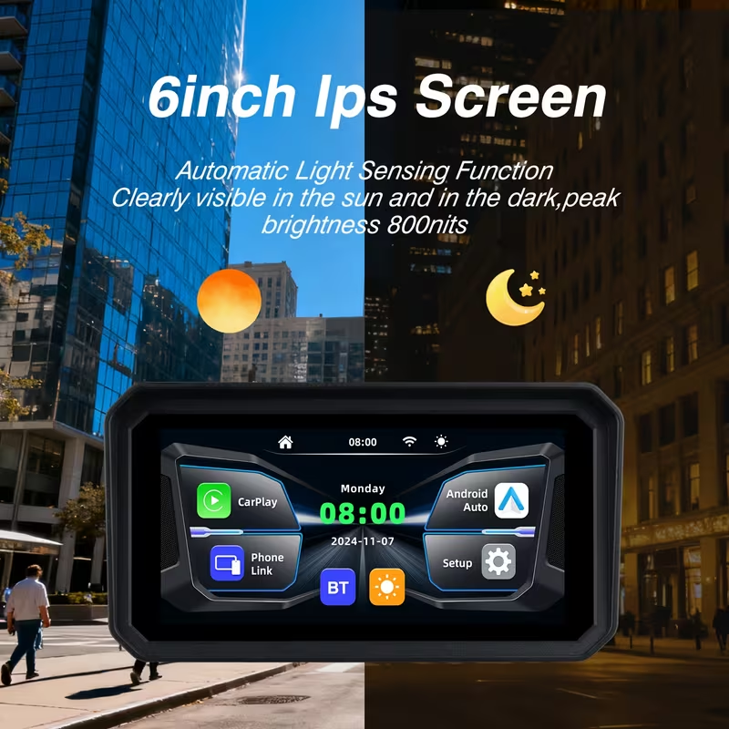 6.0-inch IPS motorcycle navigation screen wireless auto-connect feature, easy to install and remove, compatible with CarPlay and Android Auto, smartphone integration, dashboard mount, capacitive touch