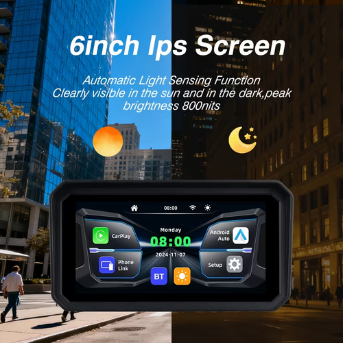 6.0-inch IPS motorcycle navigation screen wireless auto-connect feature, easy to install and remove, compatible with CarPlay and Android Auto, smartphone integration, dashboard mount, capacitive touch