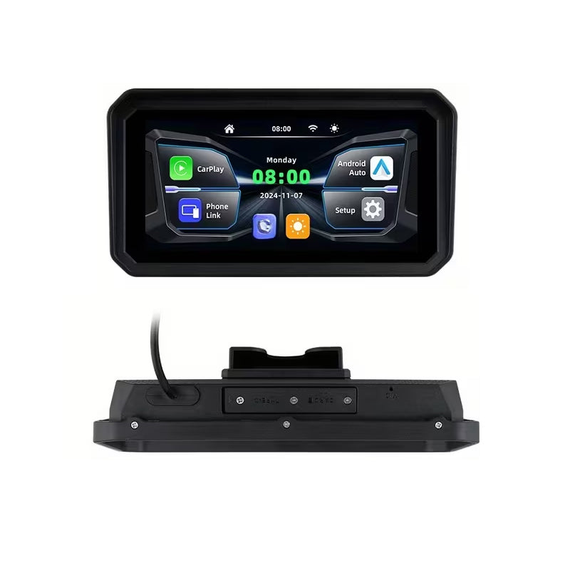6.0-inch IPS motorcycle navigation screen wireless auto-connect feature, easy to install and remove, compatible with CarPlay and Android Auto, smartphone integration, dashboard mount, capacitive touch