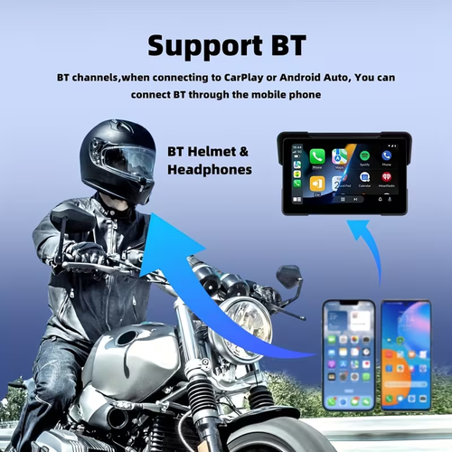 7-inch IPS motorcycle navigation screen – wireless auto-connect feature, easy to install and remove, compatible with CarPlay and Android Auto, smartphone integration, dashboard mount, capacitive touchscreen, vibrant colors, durable dashboard installation