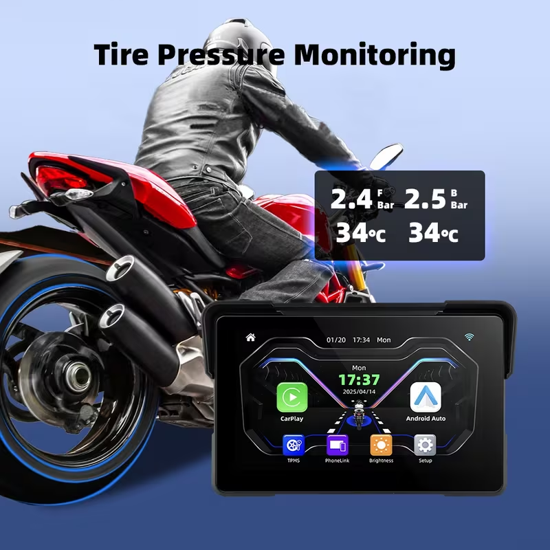 7-inch IPS motorcycle navigation screen – wireless auto-connect feature, easy to install and remove, compatible with CarPlay and Android Auto, smartphone integration, dashboard mount, capacitive touchscreen, vibrant colors, durable dashboard installation