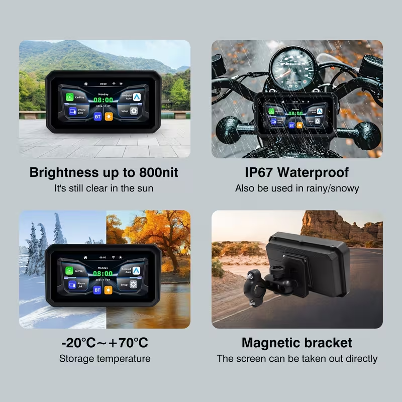 6.0-inch IPS motorcycle navigation screen wireless auto-connect feature, easy to install and remove, compatible with CarPlay and Android Auto, smartphone integration, dashboard mount, capacitive touch