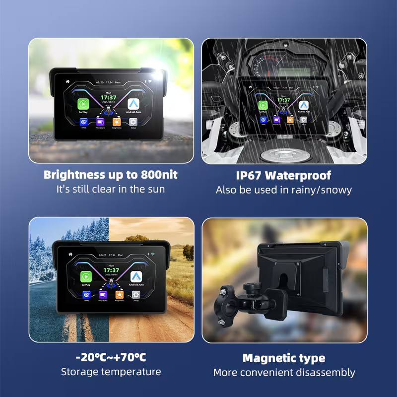 7-inch IPS motorcycle navigation screen – wireless auto-connect feature, easy to install and remove, compatible with CarPlay and Android Auto, smartphone integration, dashboard mount, capacitive touchscreen, vibrant colors, durable dashboard installation