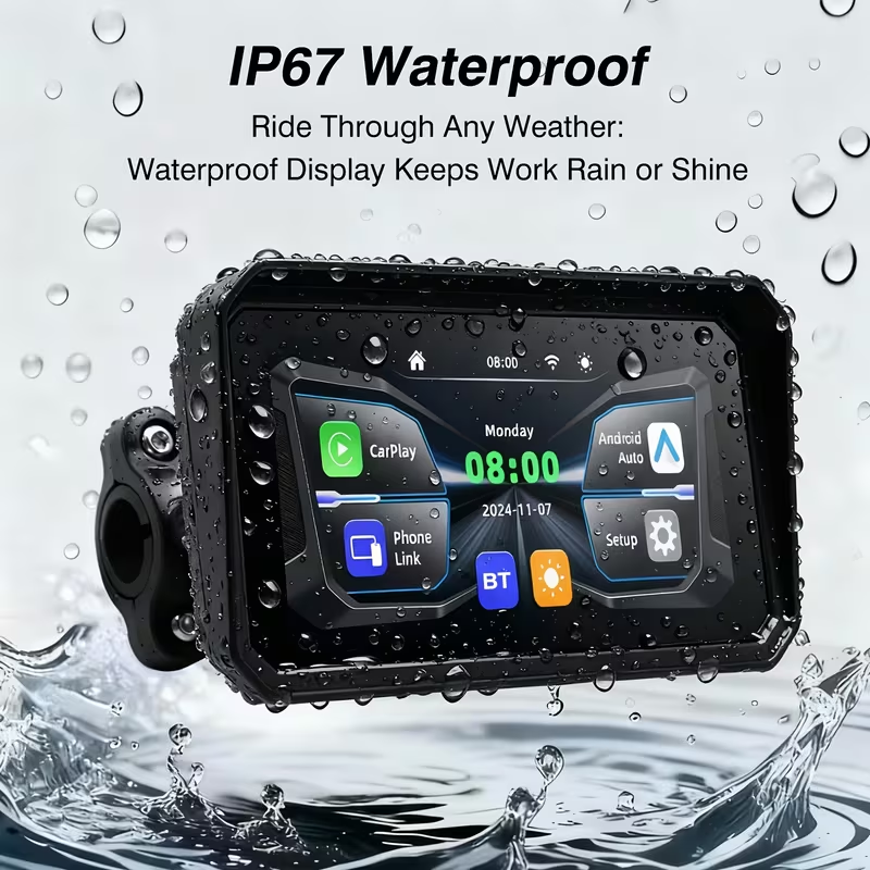 6.0-inch IPS motorcycle navigation screen wireless auto-connect feature, easy to install and remove, compatible with CarPlay and Android Auto, smartphone integration, dashboard mount, capacitive touch