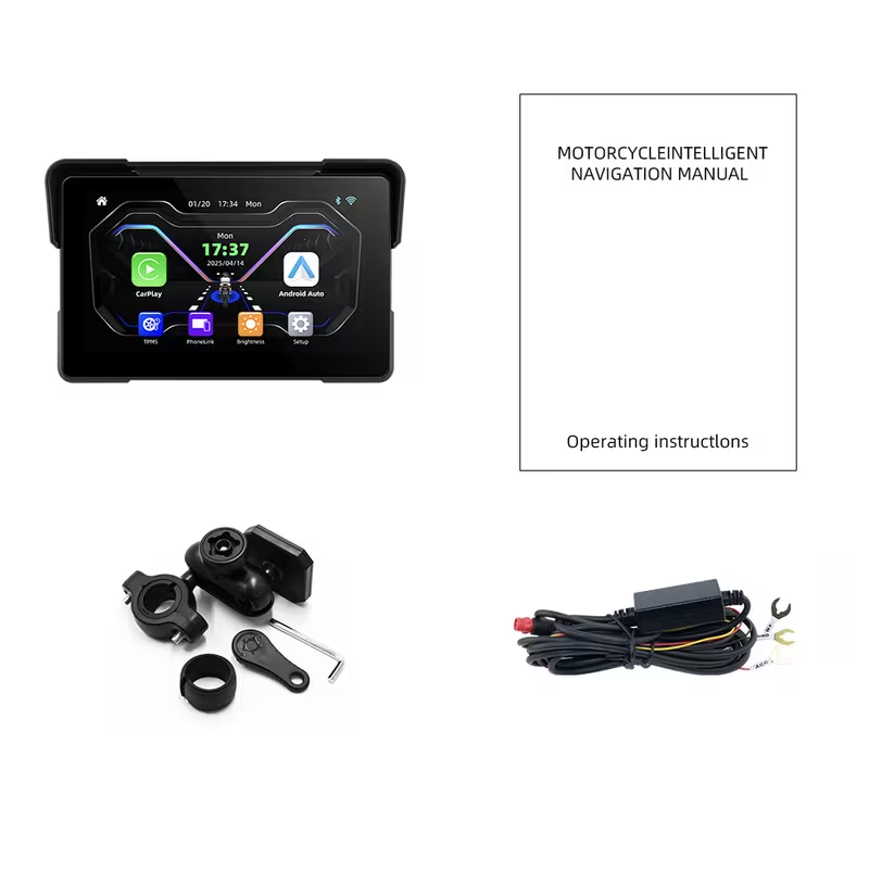 7-inch IPS motorcycle navigation screen – wireless auto-connect feature, easy to install and remove, compatible with CarPlay and Android Auto, smartphone integration, dashboard mount, capacitive touchscreen, vibrant colors, durable dashboard installation