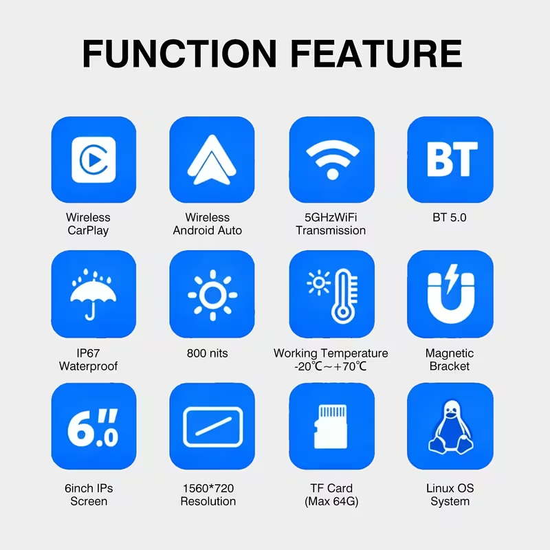 6.0-inch IPS motorcycle navigation screen wireless auto-connect feature, easy to install and remove, compatible with CarPlay and Android Auto, smartphone integration, dashboard mount, capacitive touch
