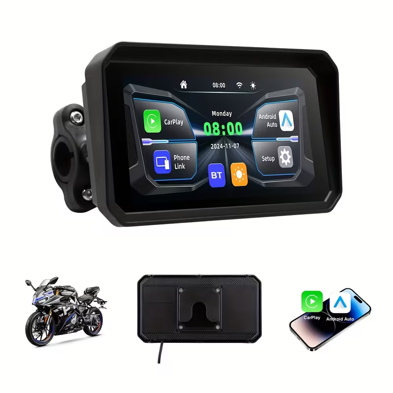 6.0-inch IPS motorcycle navigation screen wireless auto-connect feature, easy to install and remove, compatible with CarPlay and Android Auto, smartphone integration, dashboard mount, capacitive touch
