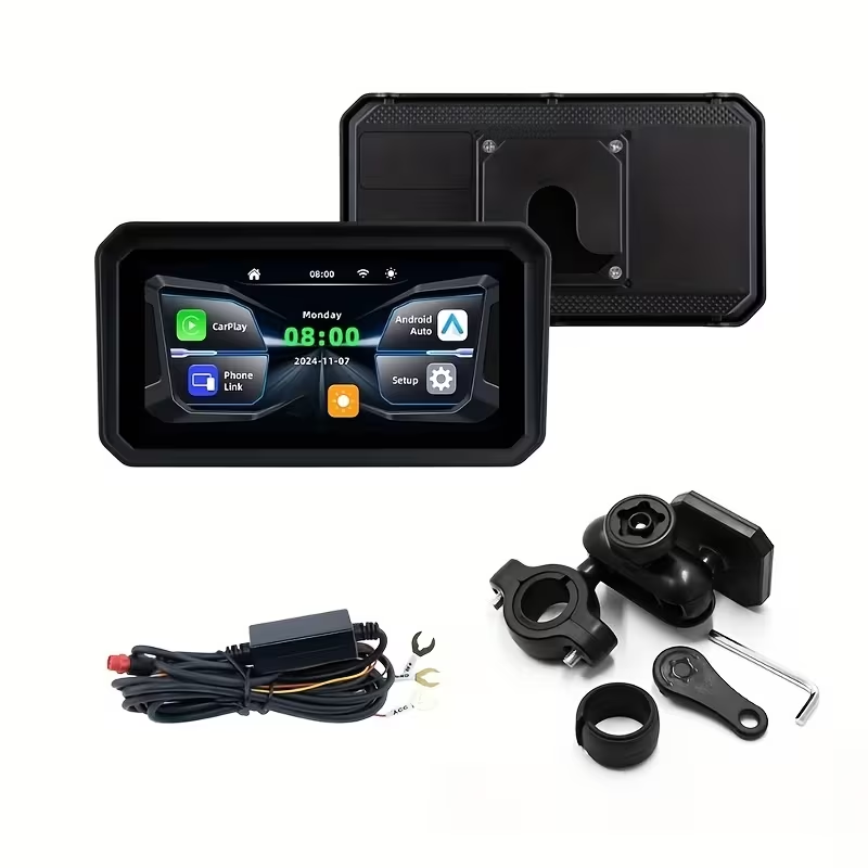 6.0-inch IPS motorcycle navigation screen wireless auto-connect feature, easy to install and remove, compatible with CarPlay and Android Auto, smartphone integration, dashboard mount, capacitive touch